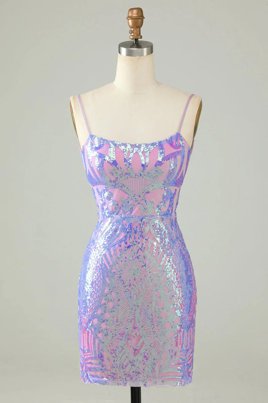 Chic Light Purple Sequin Lace-up Design A-line Spaghetti Strap Homecoming Dress TP3627