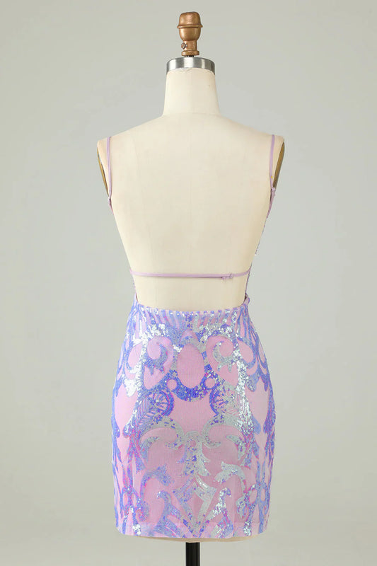 Chic Light Purple Sequin Lace-up Design A-line Spaghetti Strap Homecoming Dress TP3627