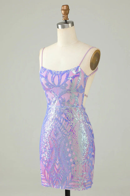 Chic Light Purple Sequin Lace-up Design A-line Spaghetti Strap Homecoming Dress TP3627