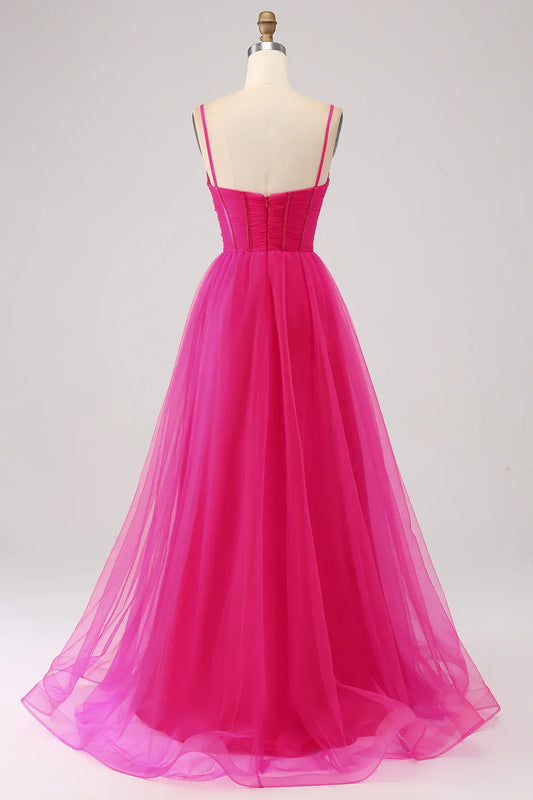 omberprom A-Line Evening Dress Spaghetti Straps Long Corset Fuchsia Prom Dress with Slit