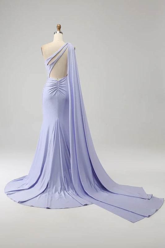omberprom Lilac Mermaid Evening Dress One Shoulder Backless Long Prom Dress with Slit