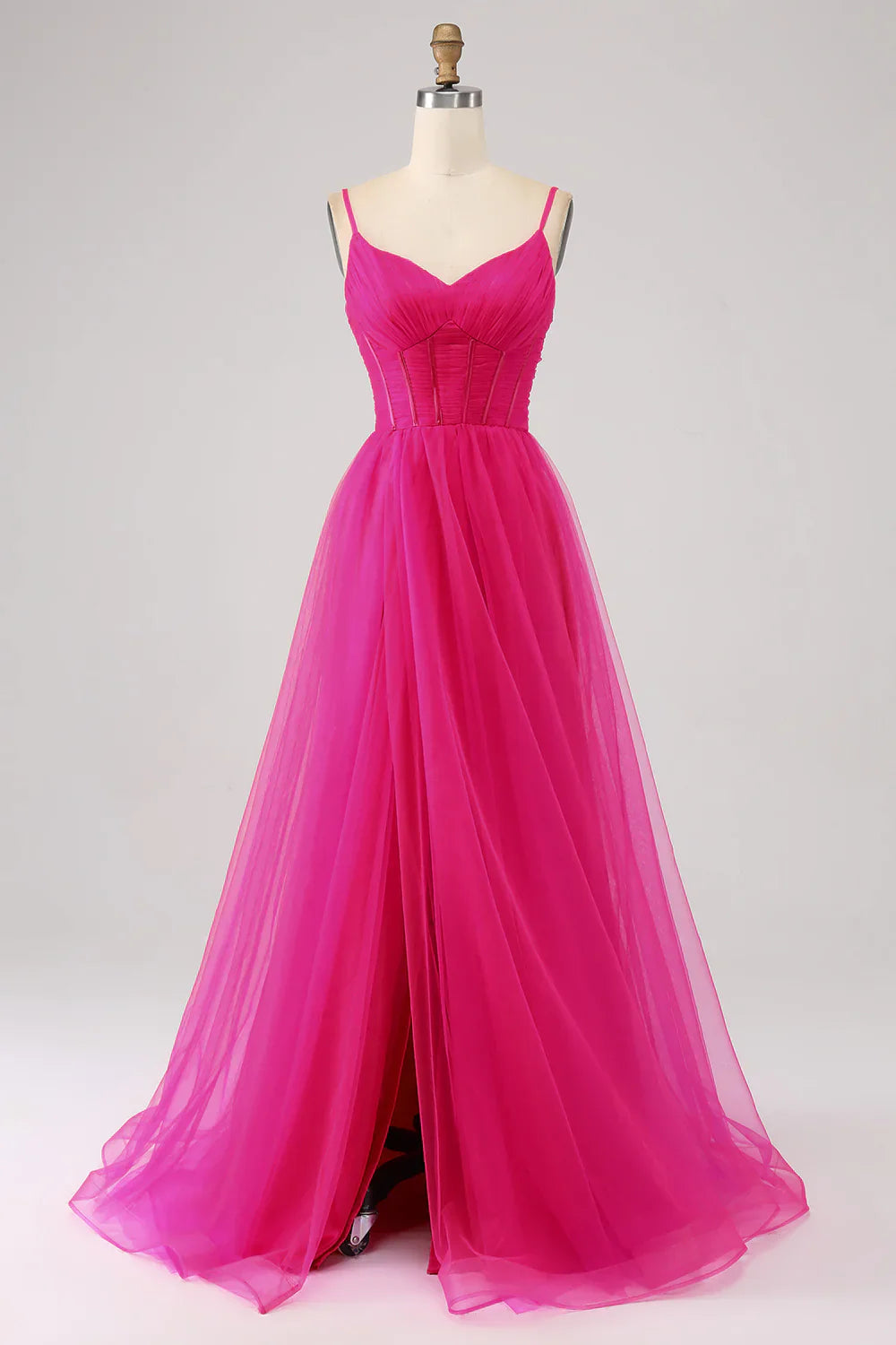 omberprom A-Line Evening Dress Spaghetti Straps Long Corset Fuchsia Prom Dress with Slit
