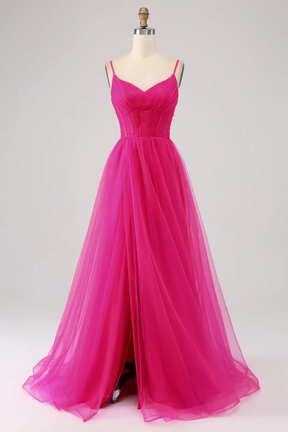 omberprom A-Line Evening Dress Spaghetti Straps Long Corset Fuchsia Prom Dress with Slit