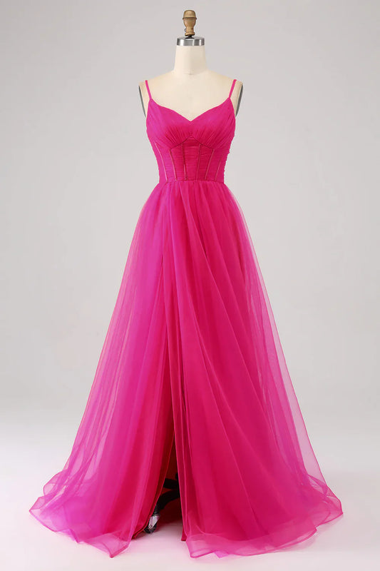 omberprom A-Line Evening Dress Spaghetti Straps Long Corset Fuchsia Prom Dress with Slit