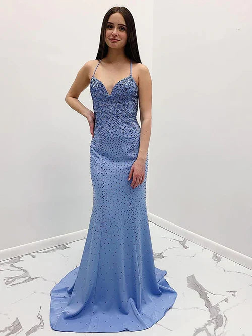 omberprom Mermaid Evening Dress Blue V-Neck Long Prom Dress