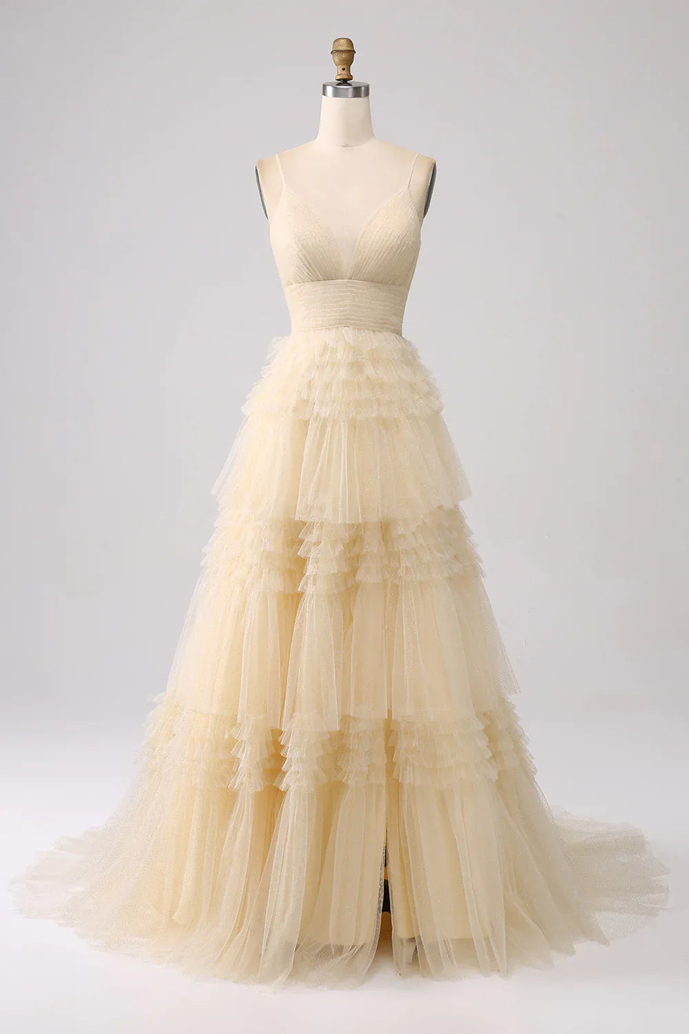omberprom Sweetheart A Line Evening Dress Spaghetti Straps Long Tulle Prom Dress with Ruffles