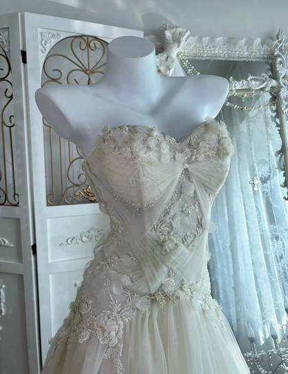 Classy Strapless Off White Tulle Beaded Appliques Mermaid Long Birthday Party Dress Prom Gown SP1463