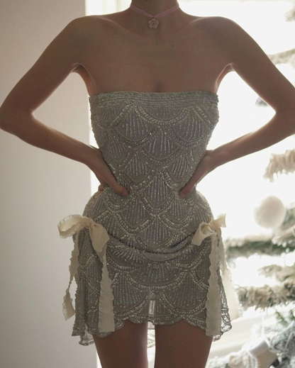 Vintage Silver Strapless Sequin Beaded Sheath Cocktail Dress Homecoming Dress Y8950