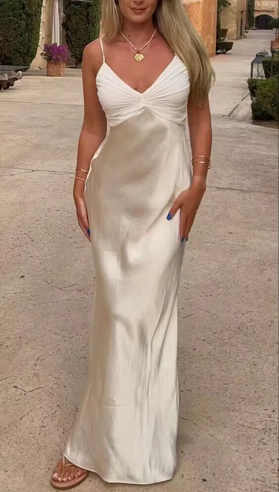 Romantic V Neck Spaghetti Straps Prom Dress,Wedding Guest Outfit  Y7394