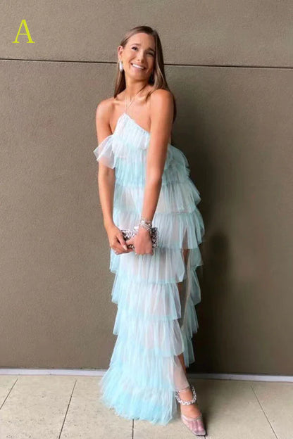 PM096,New Style Halter Ruffles Tulle Prom Dress With Slit, Charming Long Party Dress