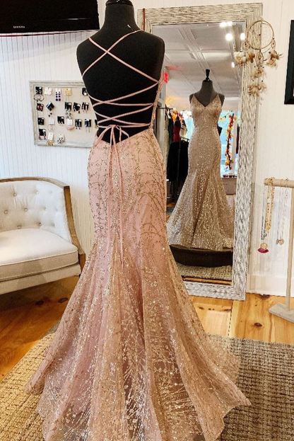 Mermaid V-Neck Long Prom Dress with Criss Cross Back Y7425