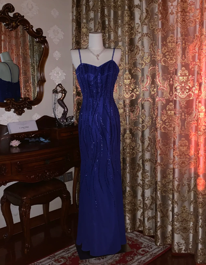 Gorgeous Spaghetti Straps V Neck Blue Satin Beaded Long Birthday Party Dress Formal Evening Gown