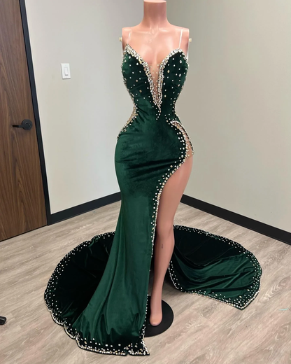 Black Girl Prom Dresses Long Mermaid Green Prom Gown With Train  cc371