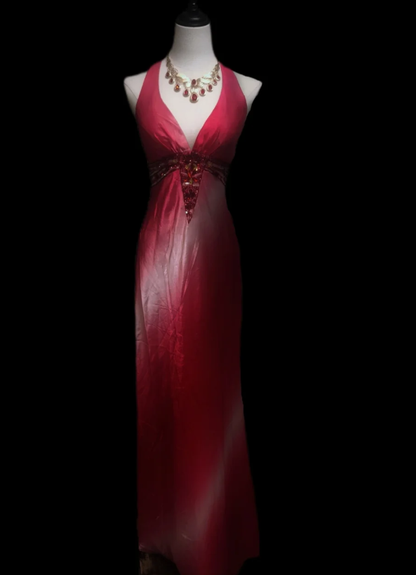 Pretty Ombre Pink V Neck Satin Beaded Sheath Long Prom Gown Formal Evening Dress SP649