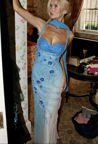 Gorgeous Blue Chiffon Beaded Sheath Long Party Gown Formal Evening Dress SP263