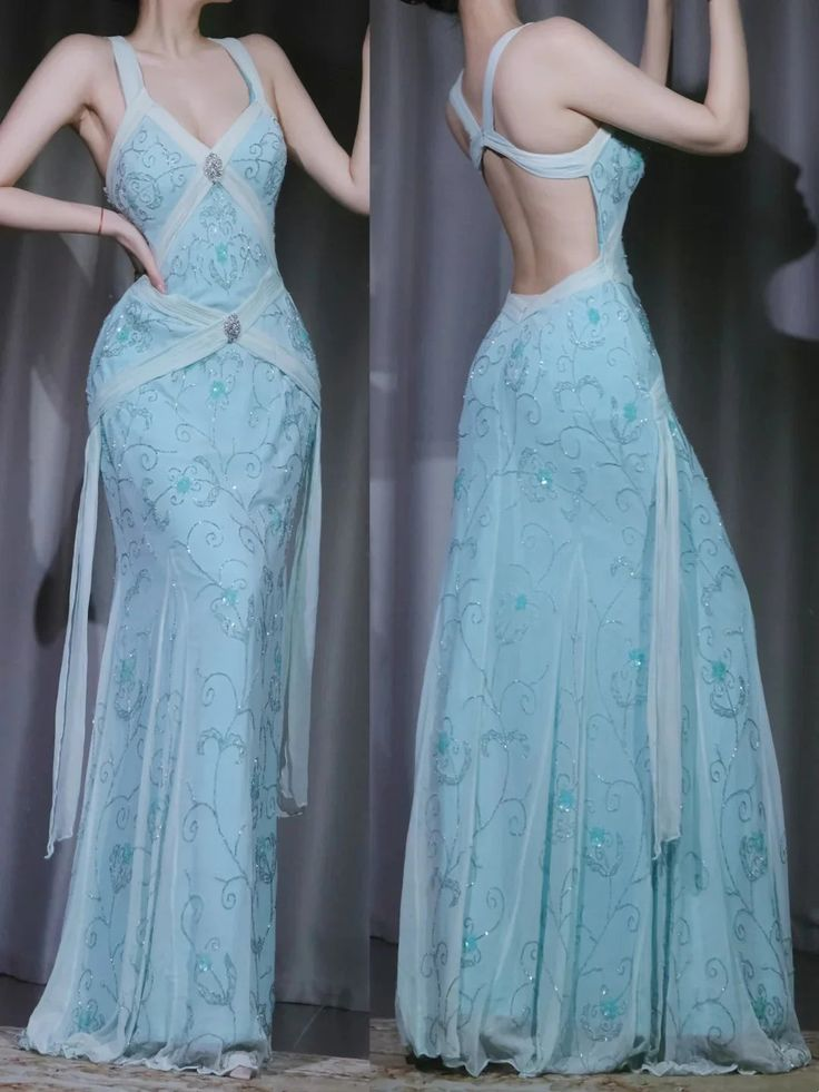 Classy Light Blue V Neck Chiffon Beaded Mermaid Long Party Dress Backless Evening Gown