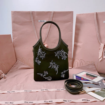 MIU IVY GABARDINE BAG 24CM IN OLIVE GREEN EMBROIDERED COTTON