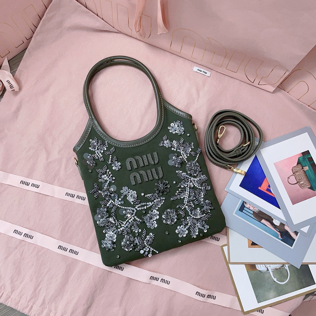 MIU IVY GABARDINE BAG 24CM IN OLIVE GREEN EMBROIDERED COTTON