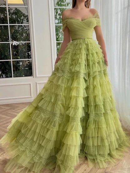 omberprom Elegant A Line Evening Dress Off the Shoulder Tulle Prom Dress