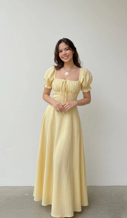 Light Yellow A-line Prom Dress with Puff Sleeves P1673