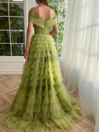omberprom Elegant A Line Evening Dress Off the Shoulder Tulle Prom Dress