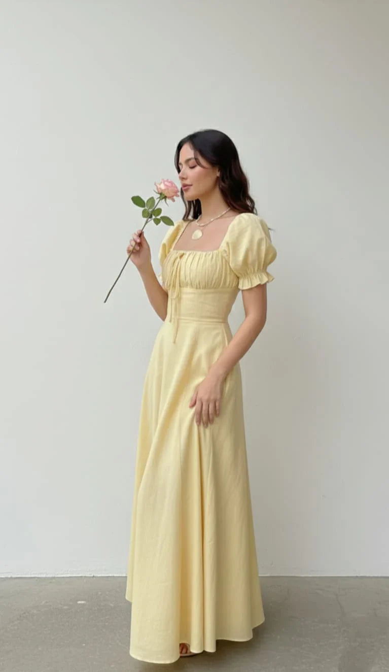 Light Yellow A-line Prom Dress with Puff Sleeves P1673