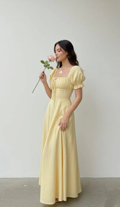 Light Yellow A-line Prom Dress with Puff Sleeves P1673