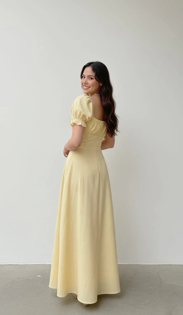 Light Yellow A-line Prom Dress with Puff Sleeves P1673