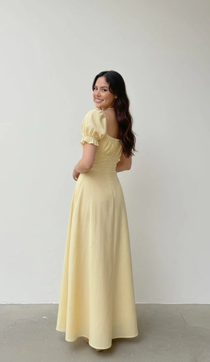 Light Yellow A-line Prom Dress with Puff Sleeves P1673