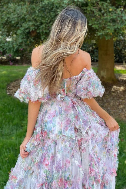 Whimsical Floral Tulle Off-The-Shoulder Dress with Belt for Formal Events