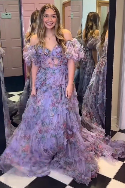 Whimsical Floral Tulle Off-The-Shoulder Dress with Belt for Formal Events