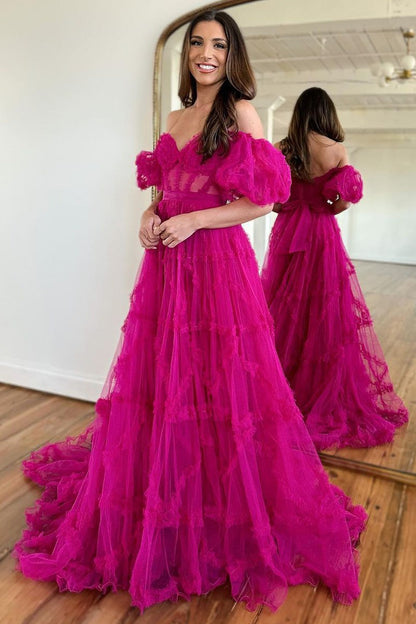 Whimsical Floral Tulle Off-The-Shoulder Dress with Belt for Formal Events