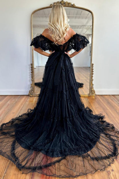Whimsical Floral Tulle Off-The-Shoulder Dress with Belt for Formal Events