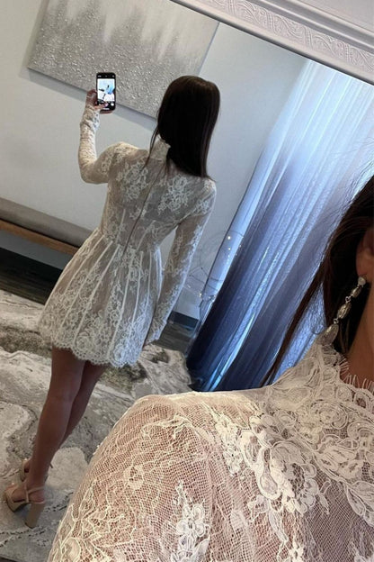 White Lace A-Line Homecoming Dress with High Neck and Long Sleeves