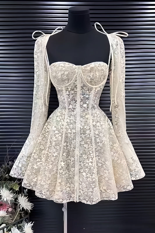 White Lace Homecoming Dresses A-line Hoco Party Dresses Long Sleeves Outfits,AST2004