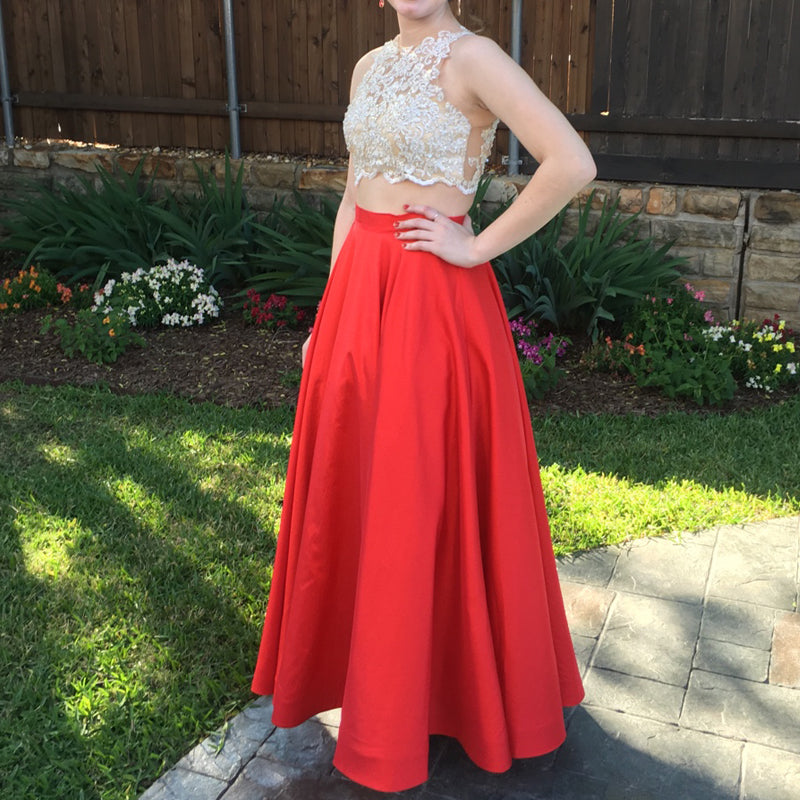 White Lace Top A-Line Prom Dresses With Red Satin Skirt