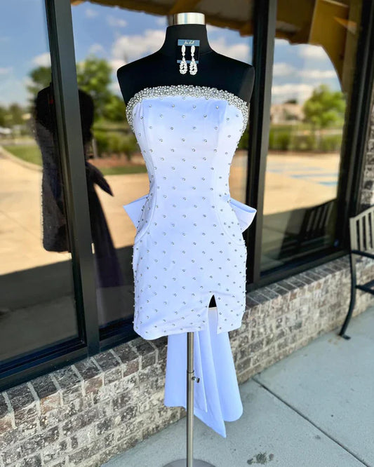 Fashion White Beaded Bowknot Design Elegant Strapless Homecoming Dress TP3555