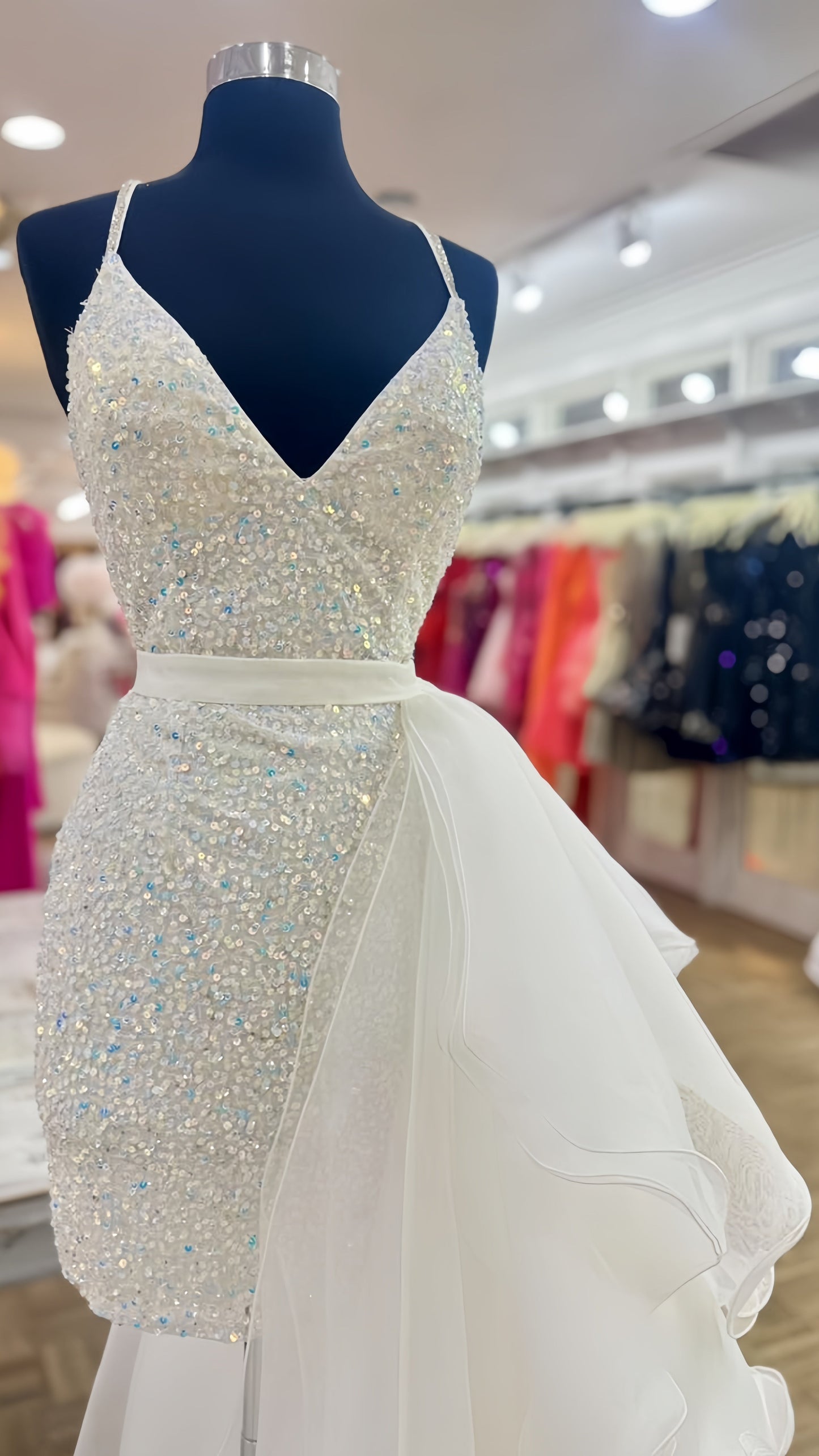 White V-Neck Sequin Tight Homecoming Dress With Organza Ruffle Tail