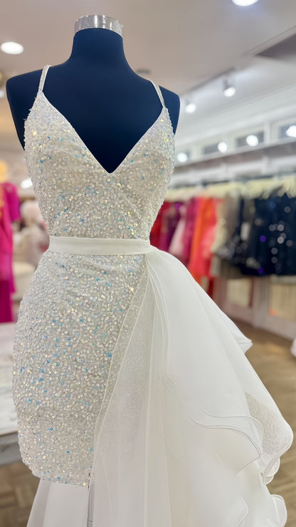 White V-Neck Sequin Tight Homecoming Dress With Organza Ruffle Tail