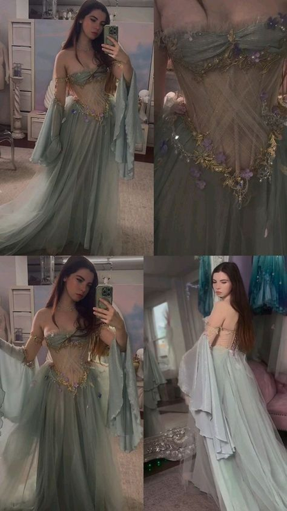 Elegant Off The Shoulder Tulle Appliques Evening Dress A Line Long Prom Dress Y8184