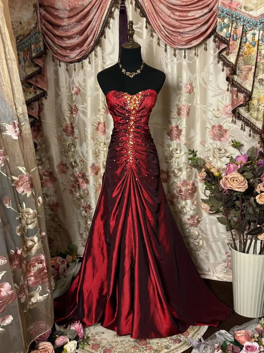 Pretty Burgundy Strapless Satin Beaded Mermaid Long Wedding Guest Dress Formal Birthday Party Dress Evening Gown