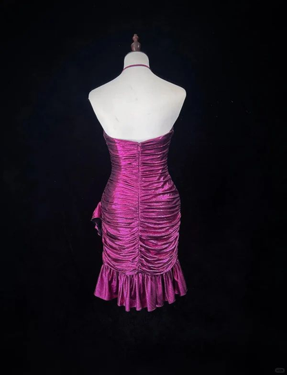 Vintage Halter Satin Pleated Mini Cocktail Dress Graduation Homecoming Dress Y9122