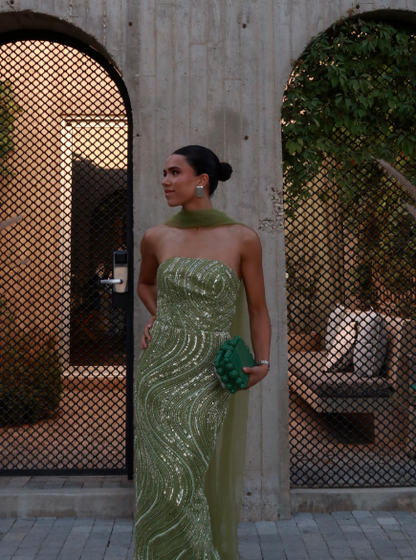 Gorgeous Strapless Apple Green Sequin Long Prom Dress Party Gown With Ribbon