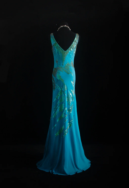 Unique Sleeveless Blue Satin Sequin Mermaid Evening Dress Long Birthday Party Dress Prom Gown