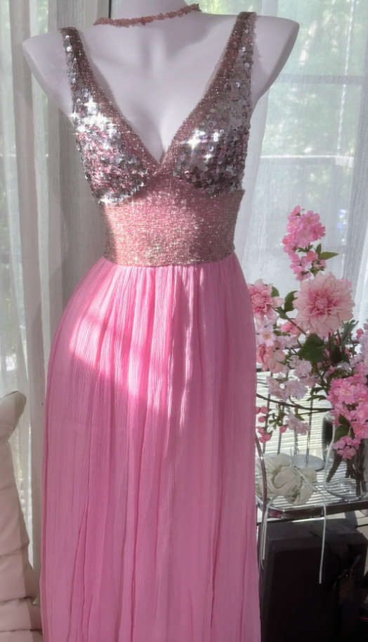 Classy Pink V Neck Chiffon Sequin A Line Long Party Dress Backless Birthday Prom Gown