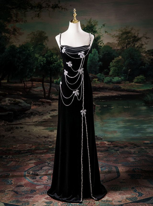 Elegant Black Velvet Spaghetti Straps Slit Beaded Mermaid Evening Dress Long Birthday Party Gown