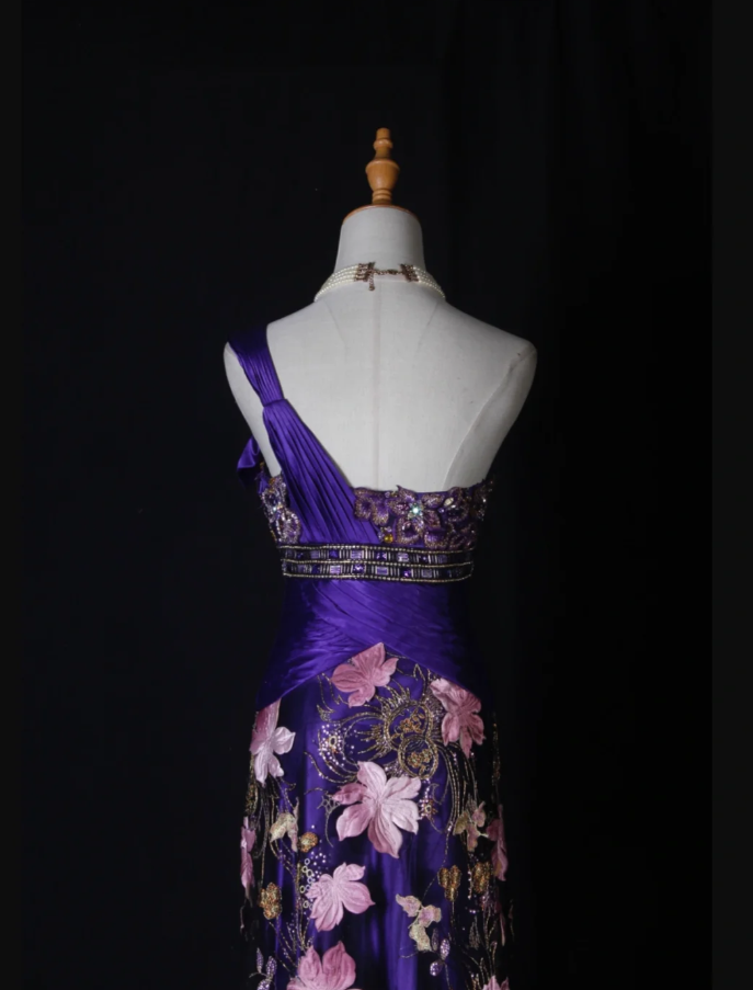 Charming Purple One Shoulder Satin Pleated Beaded Mermaid Prom Dress Evening Gown With Embroidery Appliques
