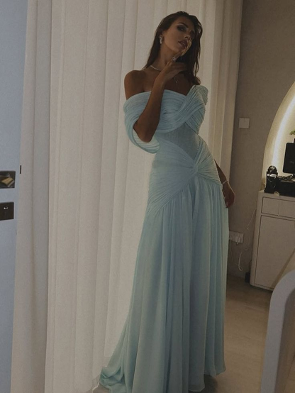Elegant Off The Shoulder Blue Sequin Chiffon Pleated Mermaid Long Party Gown Evening Dress