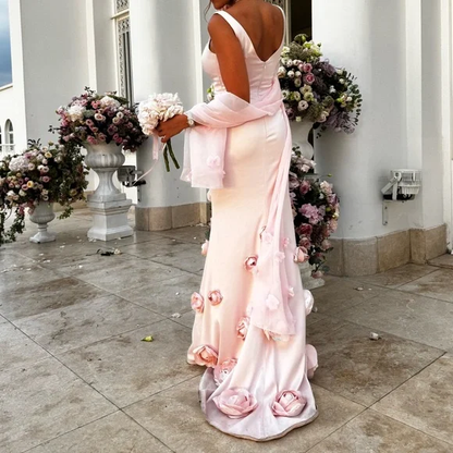 Pretty Pink Satin 3D Rose Flowers Mermaid Party Dress Long Evening Gown