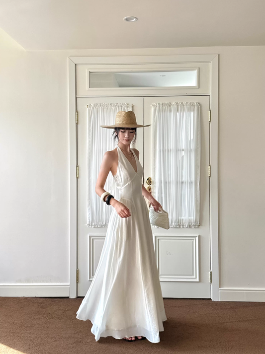 Sexy Halter V Neck White A Line Long Party Dress Formal Evening Gown